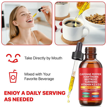 Cayenne Pfeffer Tropfen – Bio Cayenne Liquid, Herz-Kreislauf-Unterstützung mit Weißdorn, Rote Bete, Kurkuma, Vitamin K2 & D3 – Vegan – 60 ml