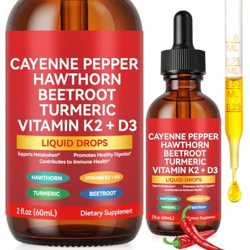 Cayenne Pfeffer Tropfen – Bio Cayenne Liquid, Herz-Kreislauf-Unterstützung mit Weißdorn, Rote Bete, Kurkuma, Vitamin K2 & D3 – Vegan – 60 ml