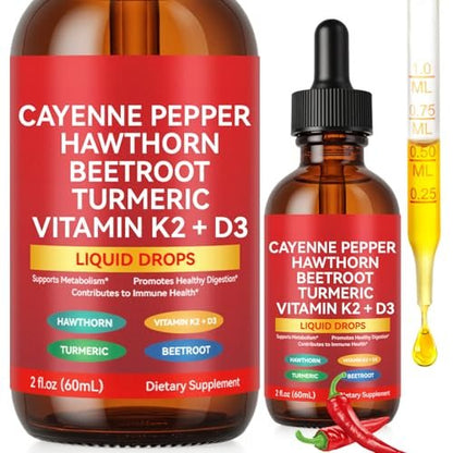 Cayenne Pfeffer Tropfen – Bio Cayenne Liquid, Herz-Kreislauf-Unterstützung mit Weißdorn, Rote Bete, Kurkuma, Vitamin K2 & D3 – Vegan – 60 ml