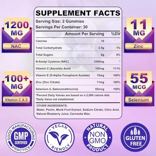 GlaGmrry Zuckerfreie NAC Gummis für Kinder & Erwachsene - NAC Ergänzung mit N-Acetylcystein, Selen, Zink, Vitamin C & E - 600 mg NAC pro Gummi - Unterstützt Lebergesundheit, Antioxidans, Immunsystem - 60 Stück