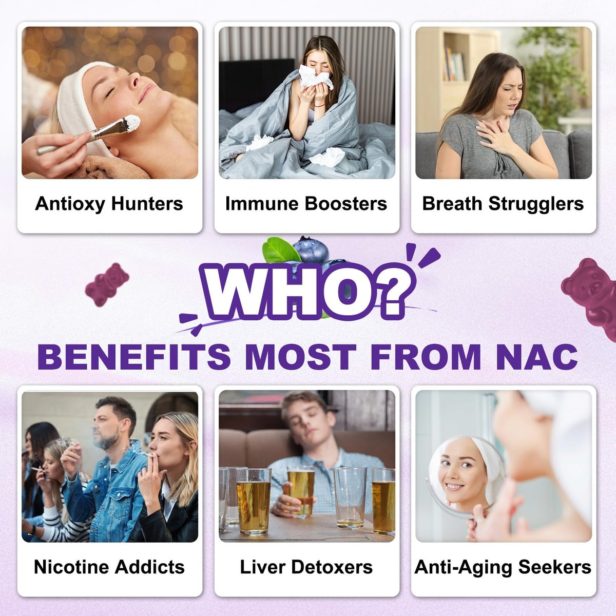 GlaGmrry Zuckerfreie NAC Gummis für Kinder & Erwachsene - NAC Ergänzung mit N-Acetylcystein, Selen, Zink, Vitamin C & E - 600 mg NAC pro Gummi - Unterstützt Lebergesundheit, Antioxidans, Immunsystem - 60 Stück