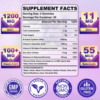 GlaGmrry Zuckerfreie NAC Gummis für Kinder & Erwachsene - NAC Ergänzung mit N-Acetylcystein, Selen, Zink, Vitamin C & E - 600 mg NAC pro Gummi - Unterstützt Lebergesundheit, Antioxidans, Immunsystem - 60 Stück
