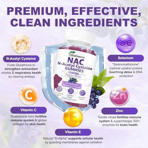 GlaGmrry Zuckerfreie NAC Gummis für Kinder & Erwachsene - NAC Ergänzung mit N-Acetylcystein, Selen, Zink, Vitamin C & E - 600 mg NAC pro Gummi - Unterstützt Lebergesundheit, Antioxidans, Immunsystem - 60 Stück