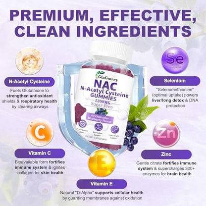 GlaGmrry Zuckerfreie NAC Gummis für Kinder & Erwachsene - NAC Ergänzung mit N-Acetylcystein, Selen, Zink, Vitamin C & E - 600 mg NAC pro Gummi - Unterstützt Lebergesundheit, Antioxidans, Immunsystem - 60 Stück