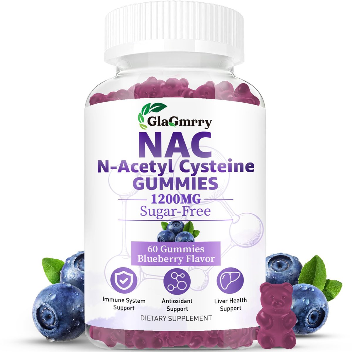GlaGmrry Zuckerfreie NAC Gummis für Kinder & Erwachsene - NAC Ergänzung mit N-Acetylcystein, Selen, Zink, Vitamin C & E - 600 mg NAC pro Gummi - Unterstützt Lebergesundheit, Antioxidans, Immunsystem - 60 Stück