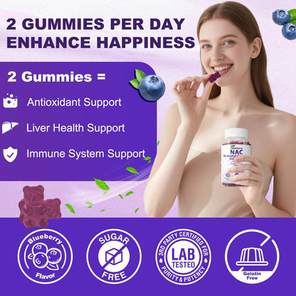 GlaGmrry Zuckerfreie NAC Gummis für Kinder & Erwachsene - NAC Ergänzung mit N-Acetylcystein, Selen, Zink, Vitamin C & E - 600 mg NAC pro Gummi - Unterstützt Lebergesundheit, Antioxidans, Immunsystem - 60 Stück