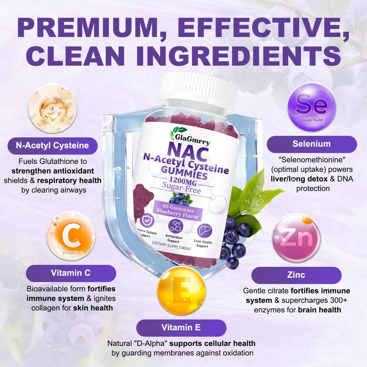 GlaGmrry Zuckerfreie NAC Gummis für Kinder & Erwachsene - NAC Ergänzung mit N-Acetylcystein, Selen, Zink, Vitamin C & E - 600 mg NAC pro Gummi - Unterstützt Lebergesundheit, Antioxidans, Immunsystem - 60 Stück