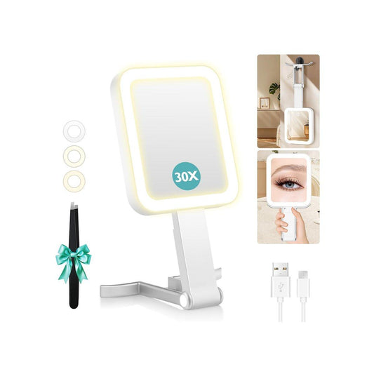B Beauty Planet Reise-Makeup-Spiegel mit Licht, Doppelseitig 1X/30X Vergrößerung, 3 Farbtemperaturen & Helligkeit einstellbar, Tragbarer & Klappbarer Handspiegel (Weiß)