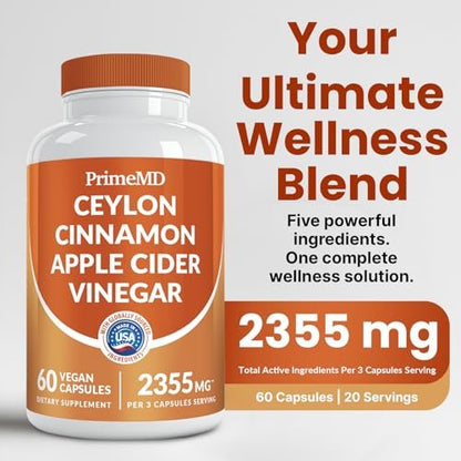 5-in-1 Ceylon Zimt Kapseln 2355mg – Ceylon Zimt und Apfelessig mit Kurkuma, Panax Ginseng, Zimt und Bioperin, 60 Stück