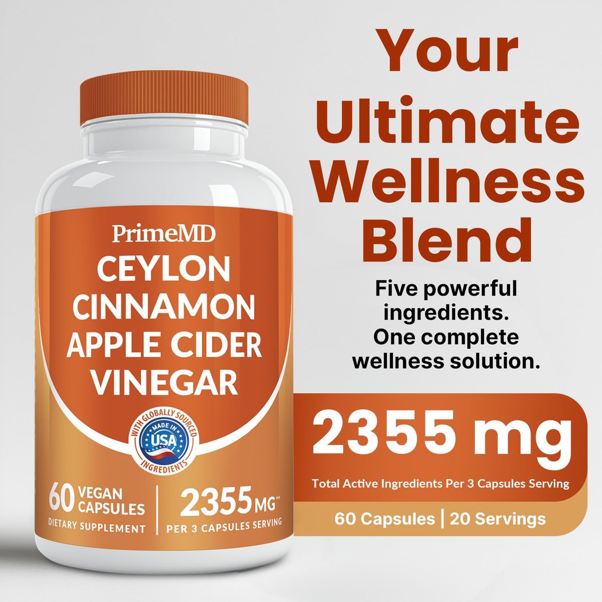 5-in-1 Ceylon Zimt Kapseln 2355mg – Ceylon Zimt und Apfelessig mit Kurkuma, Panax Ginseng, Zimt und Bioperin, 60 Stück