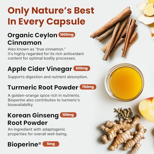 5-in-1 Ceylon Zimt Kapseln 2355mg – Ceylon Zimt und Apfelessig mit Kurkuma, Panax Ginseng, Zimt und Bioperin, 60 Stück