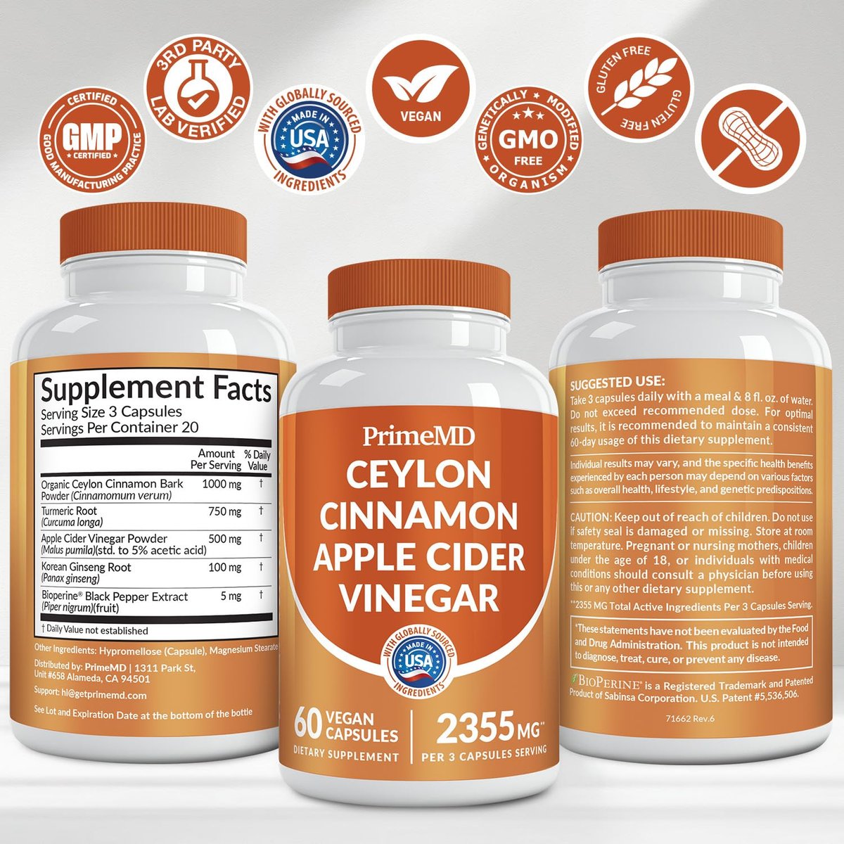 5-in-1 Ceylon Zimt Kapseln 2355mg – Ceylon Zimt und Apfelessig mit Kurkuma, Panax Ginseng, Zimt und Bioperin, 60 Stück