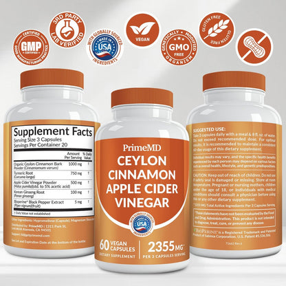5-in-1 Ceylon Zimt Kapseln 2355mg – Ceylon Zimt und Apfelessig mit Kurkuma, Panax Ginseng, Zimt und Bioperin, 60 Stück
