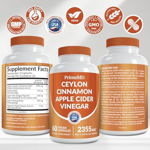 5-in-1 Ceylon Zimt Kapseln 2355mg – Ceylon Zimt und Apfelessig mit Kurkuma, Panax Ginseng, Zimt und Bioperin, 60 Stück