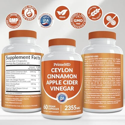 5-in-1 Ceylon Zimt Kapseln 2355mg – Ceylon Zimt und Apfelessig mit Kurkuma, Panax Ginseng, Zimt und Bioperin, 60 Stück