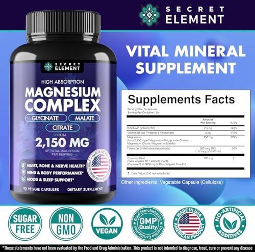 Magnesium Komplex 2.150 mg – Hochdosiert mit Glycinat, Citrat & Malat, plus Vitamin B6, B2, Folat & Rote Bete – Vegan, Non-GMO, 90 Kapseln