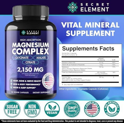 Magnesium Komplex 2.150 mg – Hochdosiert mit Glycinat, Citrat & Malat, plus Vitamin B6, B2, Folat & Rote Bete – Vegan, Non-GMO, 90 Kapseln