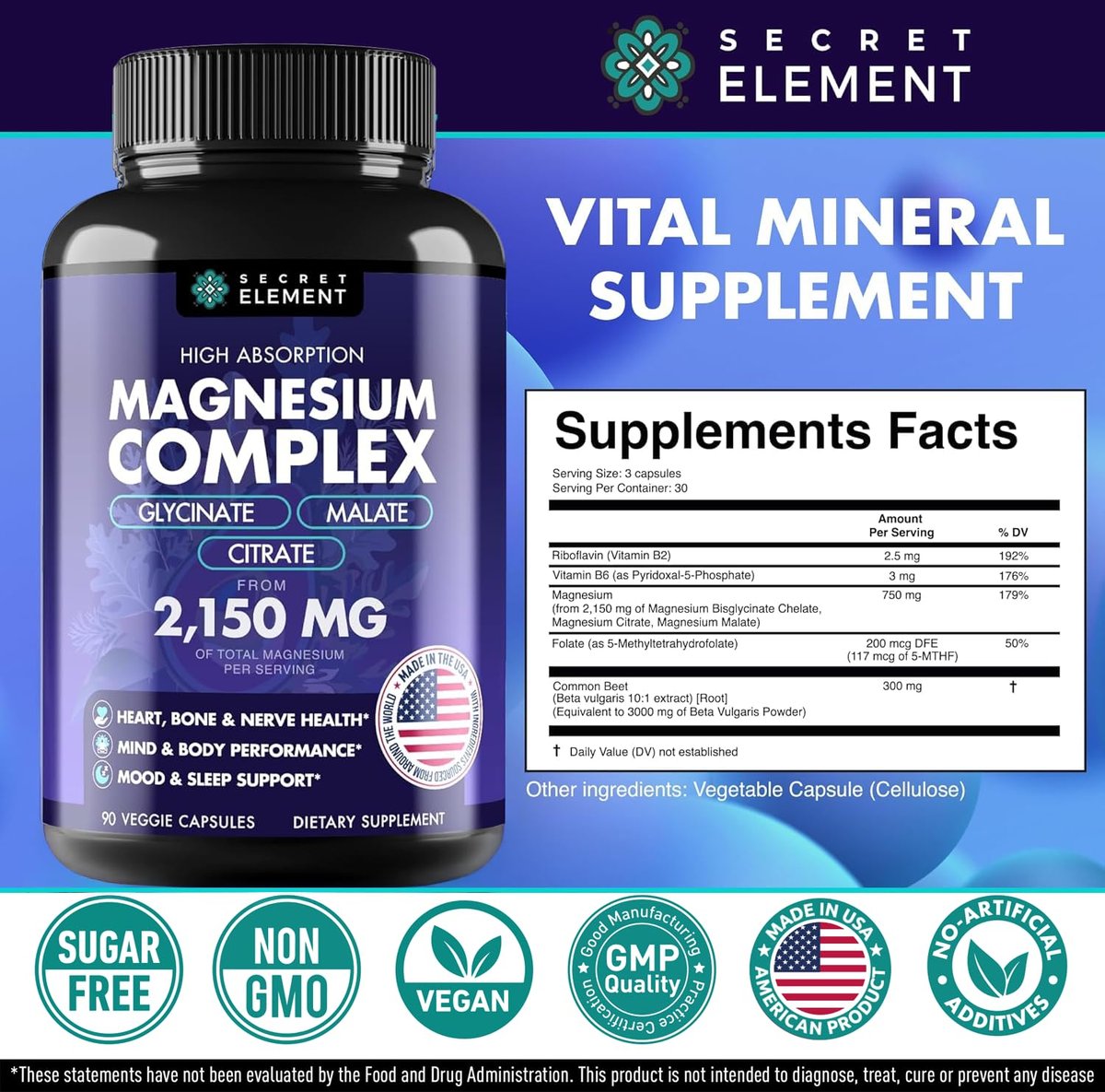 Magnesium Komplex 2.150 mg – Hochdosiert mit Glycinat, Citrat & Malat, plus Vitamin B6, B2, Folat & Rote Bete – Vegan, Non-GMO, 90 Kapseln