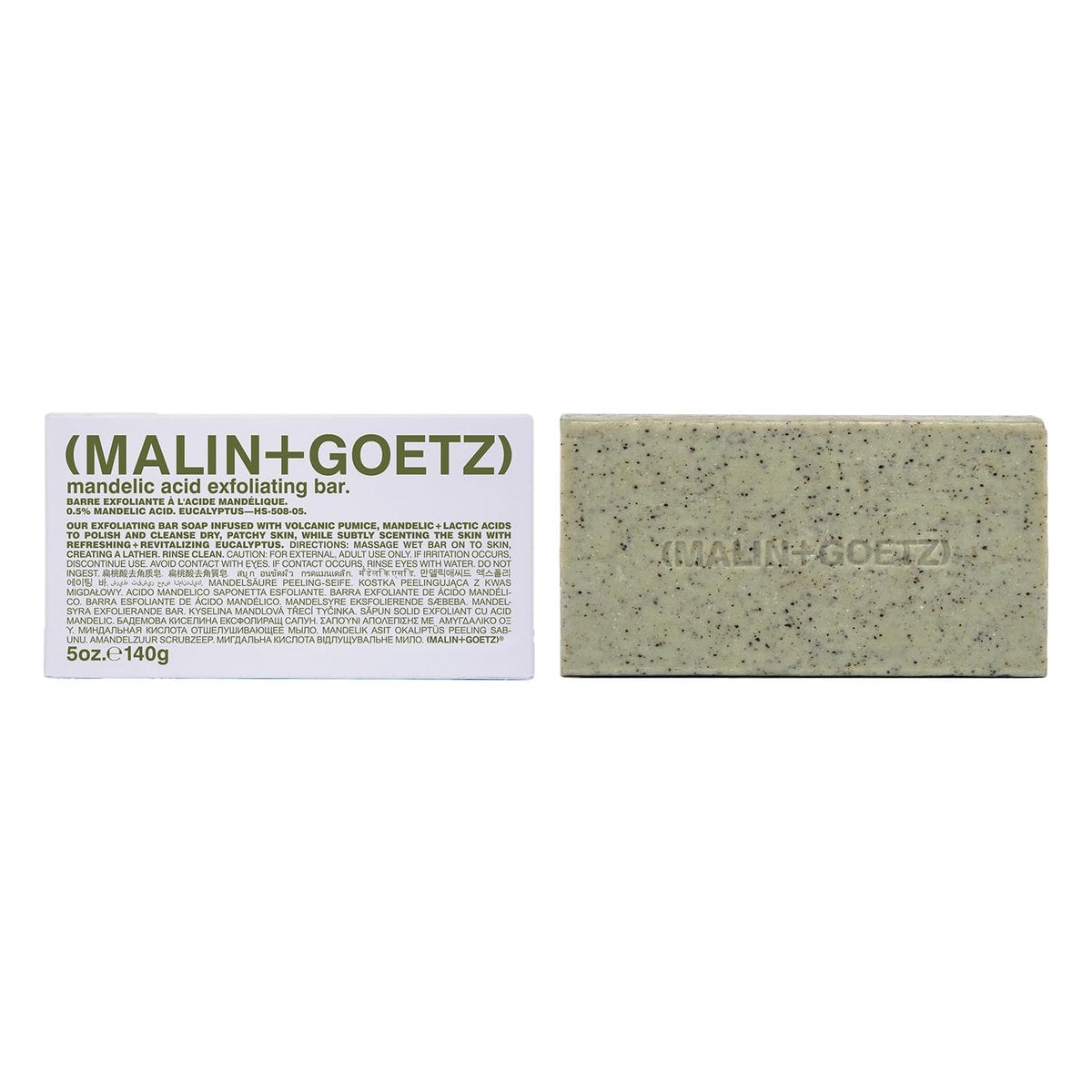 MALIN+GOETZ Mandelsäure Peeling-Seife | Dreifach gemahlener Reinigungs- und Peeling-Riegel | Mandelsäure, Milchsäure, Bimsstein + Eukalyptus | Glättet, pflegt und hellt die Haut auf | Vegan + Tierversuchsfrei (142 g)