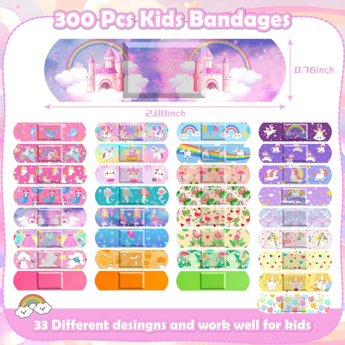 Sublaga 33 Stile Kinder Pflaster 300 Stück – Bunte Cartoon Pflaster für Mädchen und Jungen, wasserdicht, flexibel, für Kratzer und Schnitte
