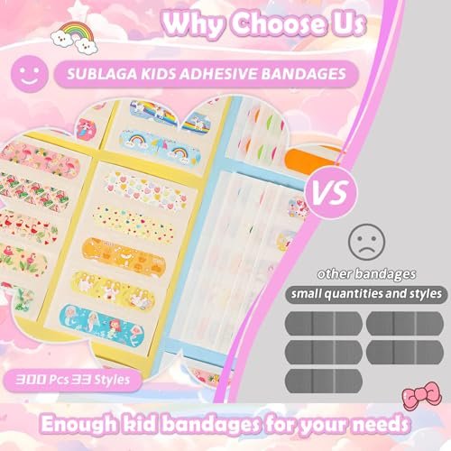 Sublaga 33 Stile Kinder Pflaster 300 Stück – Bunte Cartoon Pflaster für Mädchen und Jungen, wasserdicht, flexibel, für Kratzer und Schnitte