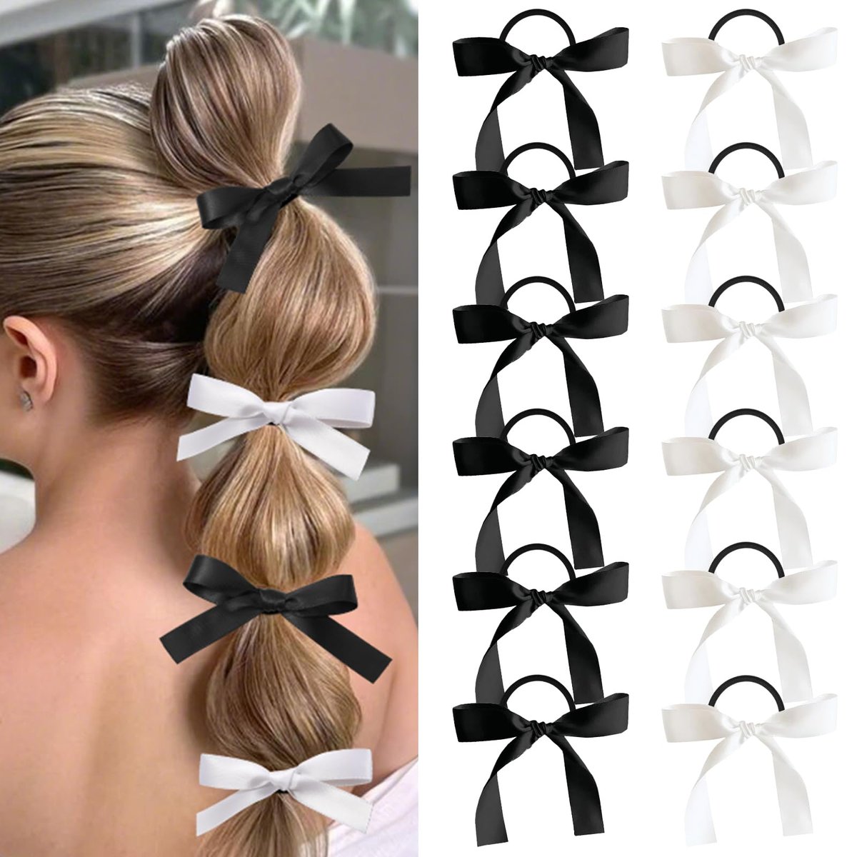 Auseibeely 12er-Pack seidige Satin-Haarschleifen für Mädchen, Schleifenband-Pferdeschwanzhalter, niedliche Haarschleifen für Bubble-Zöpfe, Schwarz & Weiß, haarschonende Haarbänder