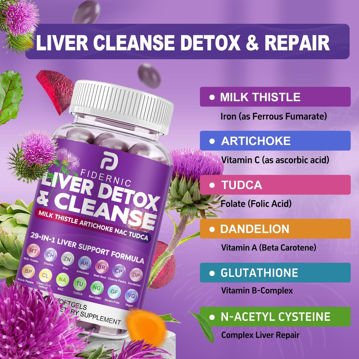 FIDERNIC Leberreinigung Entgiftung & Reparatur - Pflanzliche Leberunterstützung mit Mariendistel, Silymarin, Artischockenextrakt, Löwenzahn, Rote Bete, TUDCA, Cholin, NAC, 60 Weichkapseln