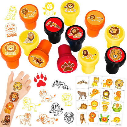 36-teiliges Löwen-Party-Set: 24 vorgestanzte temporäre Tattoos & 12 Stempel – Ideal für Safari-Dschungel-Tierparty-Dekorationen, Goodie-Bags, Kindergeburtstag, Geschenke, Klassenbelohnungen