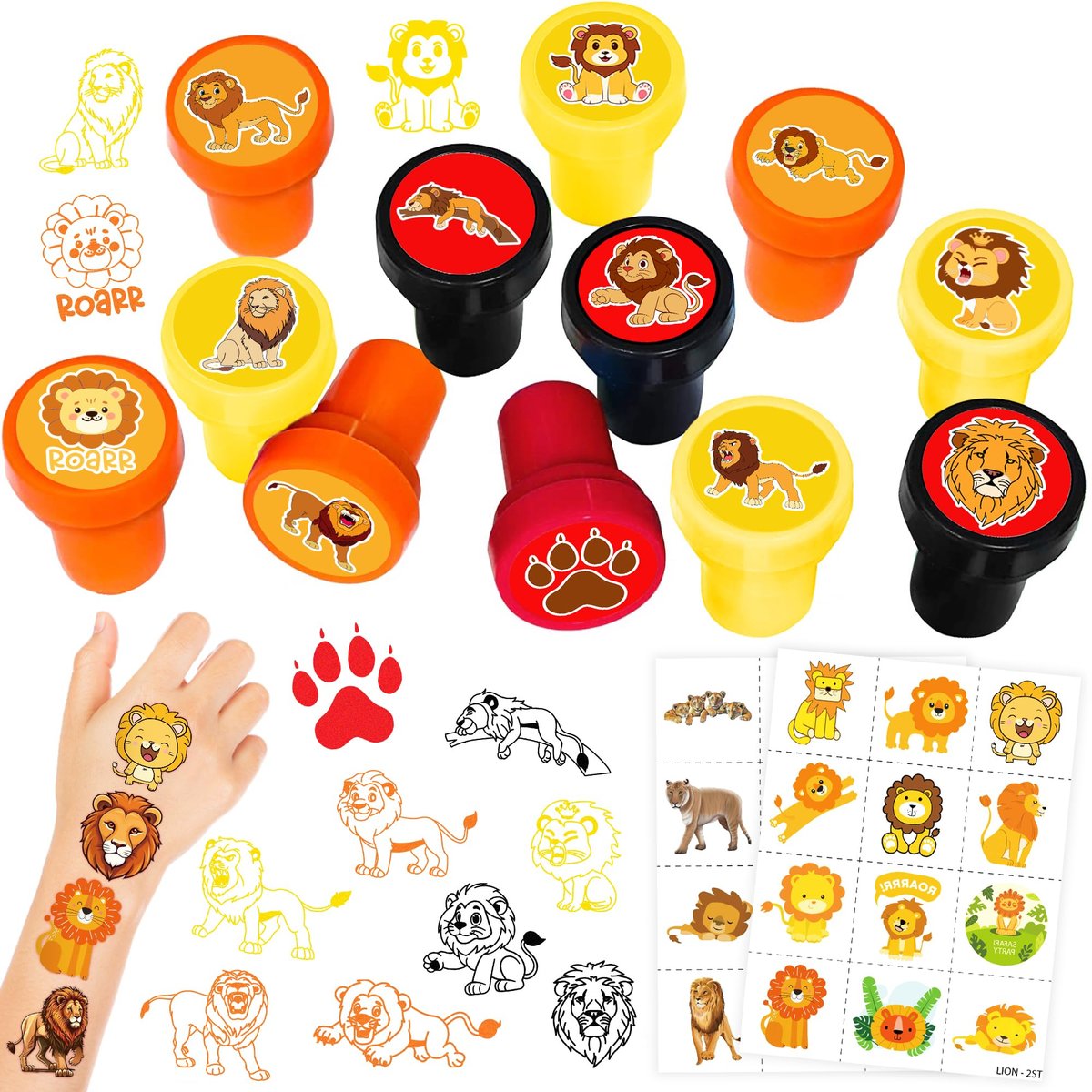 36-teiliges Löwen-Party-Set: 24 vorgestanzte temporäre Tattoos & 12 Stempel – Ideal für Safari-Dschungel-Tierparty-Dekorationen, Goodie-Bags, Kindergeburtstag, Geschenke, Klassenbelohnungen