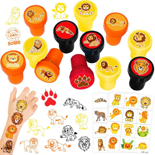 36-teiliges Löwen-Party-Set: 24 vorgestanzte temporäre Tattoos & 12 Stempel – Ideal für Safari-Dschungel-Tierparty-Dekorationen, Goodie-Bags, Kindergeburtstag, Geschenke, Klassenbelohnungen