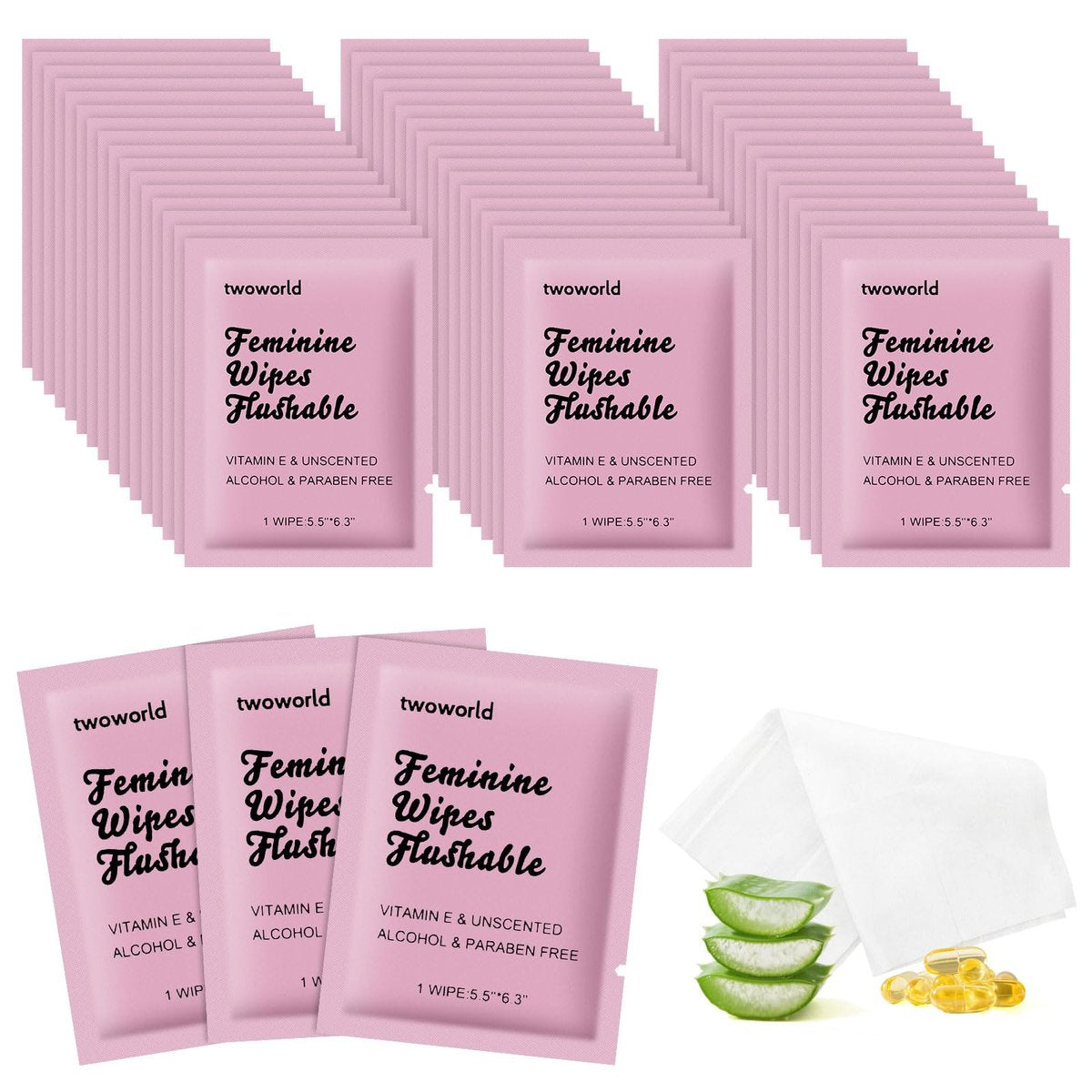 Feminine Wipes Individually Verpackt, Spülbare Feuchttücher für unterwegs, Intimreinigungstücher für Erwachsene, Frauen, Mädchen und Obdachlose (Packung mit 50, Duftneutral)