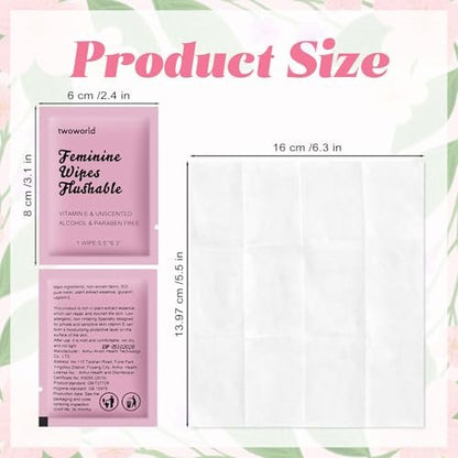 Feminine Wipes Individually Verpackt, Spülbare Feuchttücher für unterwegs, Intimreinigungstücher für Erwachsene, Frauen, Mädchen und Obdachlose (Packung mit 50, Duftneutral)