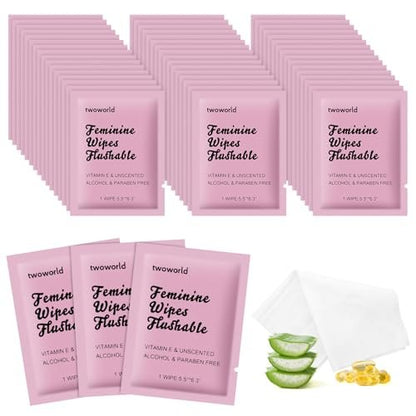 Feminine Wipes Individually Verpackt, Spülbare Feuchttücher für unterwegs, Intimreinigungstücher für Erwachsene, Frauen, Mädchen und Obdachlose (Packung mit 50, Duftneutral)