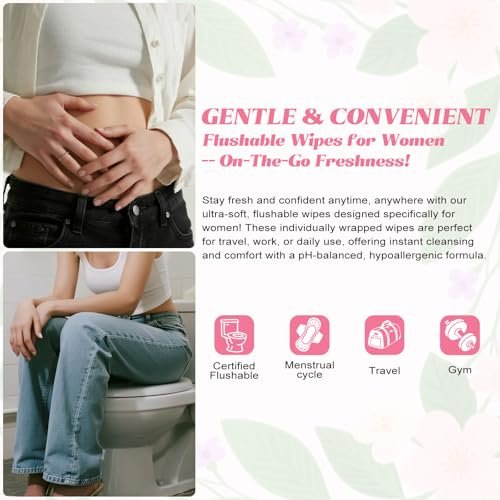 Feminine Wipes Individually Verpackt, Spülbare Feuchttücher für unterwegs, Intimreinigungstücher für Erwachsene, Frauen, Mädchen und Obdachlose (Packung mit 50, Duftneutral)