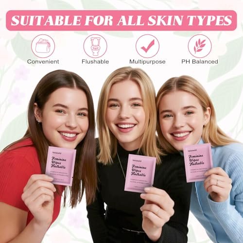 Feminine Wipes Individually Verpackt, Spülbare Feuchttücher für unterwegs, Intimreinigungstücher für Erwachsene, Frauen, Mädchen und Obdachlose (Packung mit 50, Duftneutral)