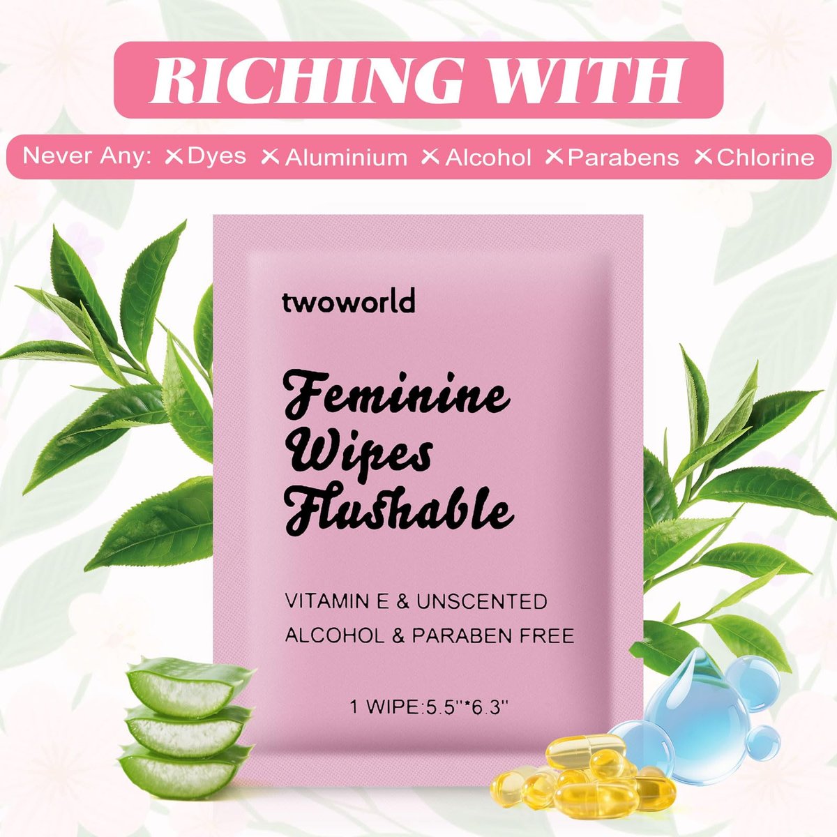 Feminine Wipes Individually Verpackt, Spülbare Feuchttücher für unterwegs, Intimreinigungstücher für Erwachsene, Frauen, Mädchen und Obdachlose (Packung mit 50, Duftneutral)
