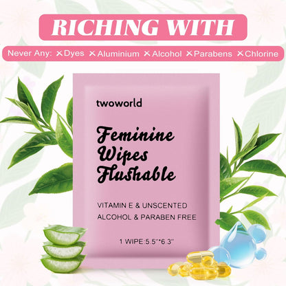 Feminine Wipes Individually Verpackt, Spülbare Feuchttücher für unterwegs, Intimreinigungstücher für Erwachsene, Frauen, Mädchen und Obdachlose (Packung mit 50, Duftneutral)