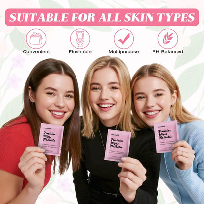 Feminine Wipes Individually Verpackt, Spülbare Feuchttücher für unterwegs, Intimreinigungstücher für Erwachsene, Frauen, Mädchen und Obdachlose (Packung mit 50, Duftneutral)