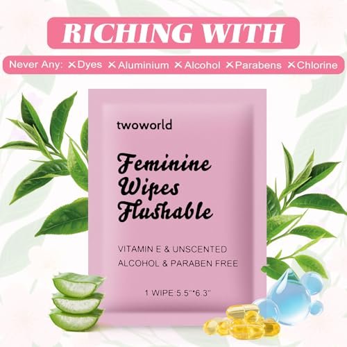 Feminine Wipes Individually Verpackt, Spülbare Feuchttücher für unterwegs, Intimreinigungstücher für Erwachsene, Frauen, Mädchen und Obdachlose (Packung mit 50, Duftneutral)