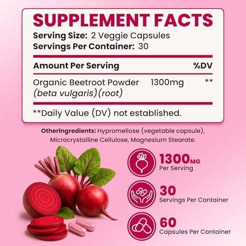 ZENVIVIAN Rote Bete Kapseln – 1300mg Non-GMO Rote Bete Pulver Nahrungsergänzungsmittel – 60 vegane Kapseln für natürliche Energie, Durchblutung & Ausdauer