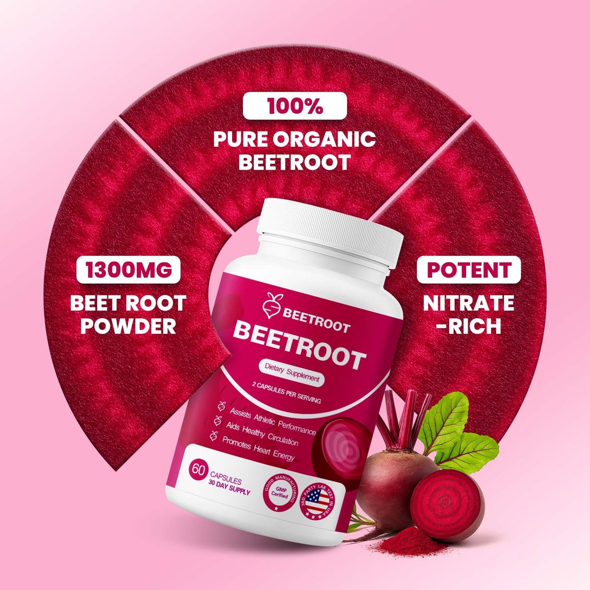 ZENVIVIAN Rote Bete Kapseln – 1300mg Non-GMO Rote Bete Pulver Nahrungsergänzungsmittel – 60 vegane Kapseln für natürliche Energie, Durchblutung & Ausdauer
