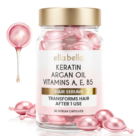 ELLA BELLA® Keratin-Haarserum mit Arganöl und Vitaminen A, E, B5 – Anti-Frizz-Haarbehandlung & Nachtpflege – Haar-Vitamine für Frauen für glattes, glänzendes, frizzfreies Haar