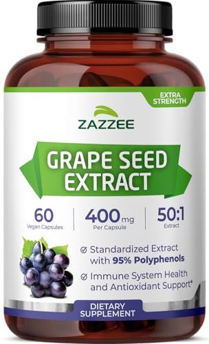 Zazzee Hochdosiertes Traubenkernextrakt 50:1, 60 vegane Kapseln, 95% Polyphenole, 400 mg pro Kapsel, 2-Monats-Vorrat, Antioxidans, Unterstützung für Kreislauf & Durchblutung, Non-GMO, Hergestellt in den USA