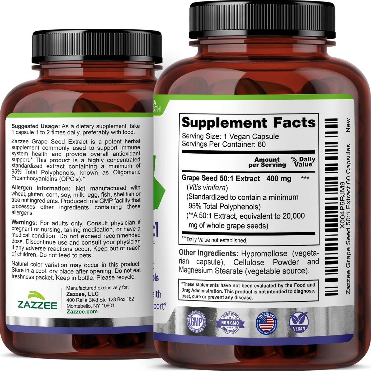 Zazzee Hochdosiertes Traubenkernextrakt 50:1, 60 vegane Kapseln, 95% Polyphenole, 400 mg pro Kapsel, 2-Monats-Vorrat, Antioxidans, Unterstützung für Kreislauf & Durchblutung, Non-GMO, Hergestellt in den USA