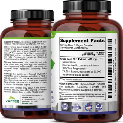 Zazzee Hochdosiertes Traubenkernextrakt 50:1, 60 vegane Kapseln, 95% Polyphenole, 400 mg pro Kapsel, 2-Monats-Vorrat, Antioxidans, Unterstützung für Kreislauf & Durchblutung, Non-GMO, Hergestellt in den USA