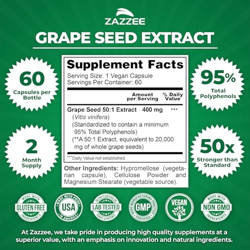 Zazzee Hochdosiertes Traubenkernextrakt 50:1, 60 vegane Kapseln, 95% Polyphenole, 400 mg pro Kapsel, 2-Monats-Vorrat, Antioxidans, Unterstützung für Kreislauf & Durchblutung, Non-GMO, Hergestellt in den USA