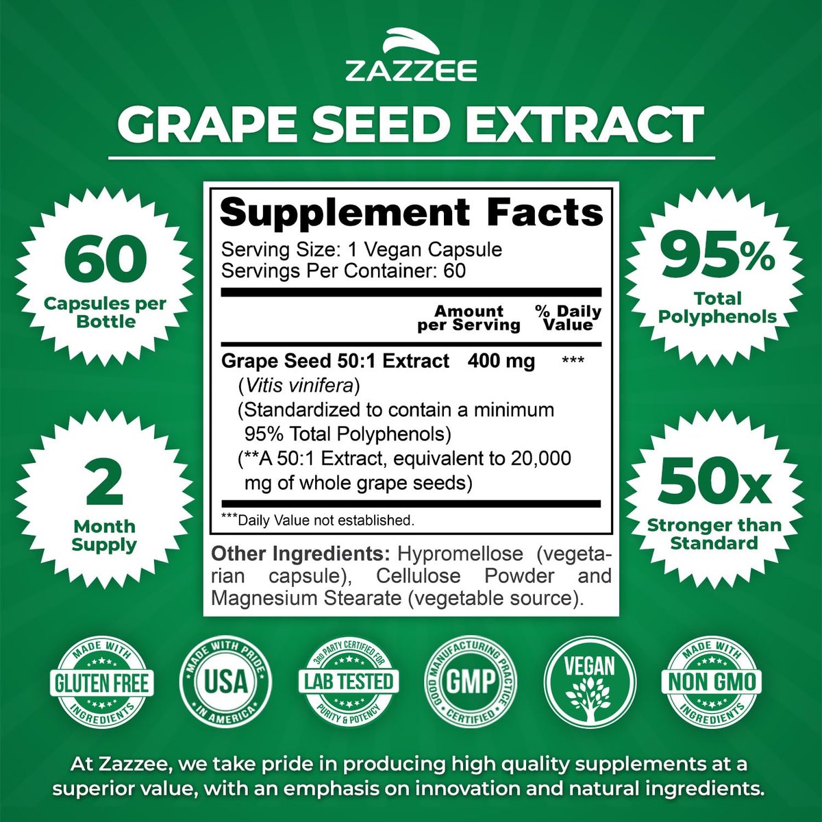 Zazzee Hochdosiertes Traubenkernextrakt 50:1, 60 vegane Kapseln, 95% Polyphenole, 400 mg pro Kapsel, 2-Monats-Vorrat, Antioxidans, Unterstützung für Kreislauf & Durchblutung, Non-GMO, Hergestellt in den USA