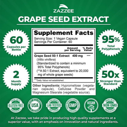 Zazzee Hochdosiertes Traubenkernextrakt 50:1, 60 vegane Kapseln, 95% Polyphenole, 400 mg pro Kapsel, 2-Monats-Vorrat, Antioxidans, Unterstützung für Kreislauf & Durchblutung, Non-GMO, Hergestellt in den USA