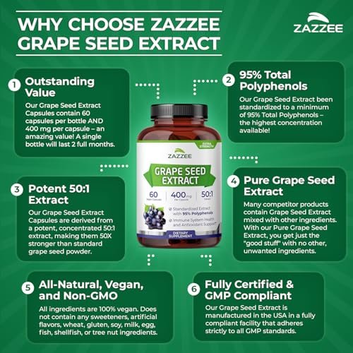 Zazzee Hochdosiertes Traubenkernextrakt 50:1, 60 vegane Kapseln, 95% Polyphenole, 400 mg pro Kapsel, 2-Monats-Vorrat, Antioxidans, Unterstützung für Kreislauf & Durchblutung, Non-GMO, Hergestellt in den USA