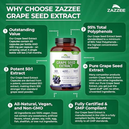 Zazzee Hochdosiertes Traubenkernextrakt 50:1, 60 vegane Kapseln, 95% Polyphenole, 400 mg pro Kapsel, 2-Monats-Vorrat, Antioxidans, Unterstützung für Kreislauf & Durchblutung, Non-GMO, Hergestellt in den USA